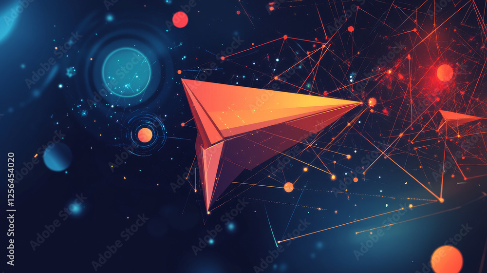 Poster a polygonal paper airplane gliding through its route, designed with triangles, dots, and a network o