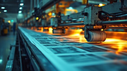 Fototapeta premium This captivating image focuses on the blazing output of an advanced printing press, symbolizing the fast-paced nature of modern media production.