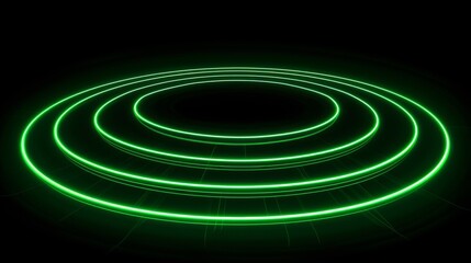 Fototapeta premium Minimalistic glowing green concentric circles against a black background, representing modern design, simplicity, and futuristic aesthetics. AI generated.
