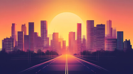 Retro cityscape with a glowing sunset. Golden Hour Cyberpunk. Illustration
