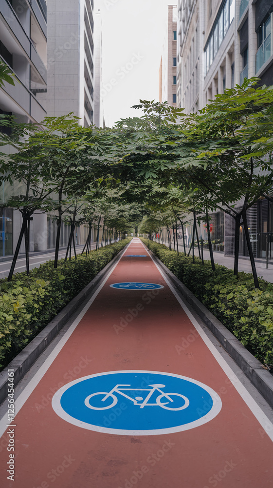 Aufkleber a vertical shot of a designated bike path lined with greenery and surrounded by tall buildings in an