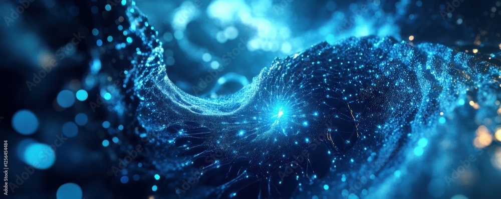 Poster abstract blue light swirl with glowing particles in dynamic motion