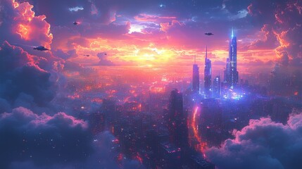 Vibrant Futuristic Cityscape at Sunset