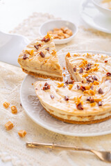 Saltet caramel cheesecake with cup of tea