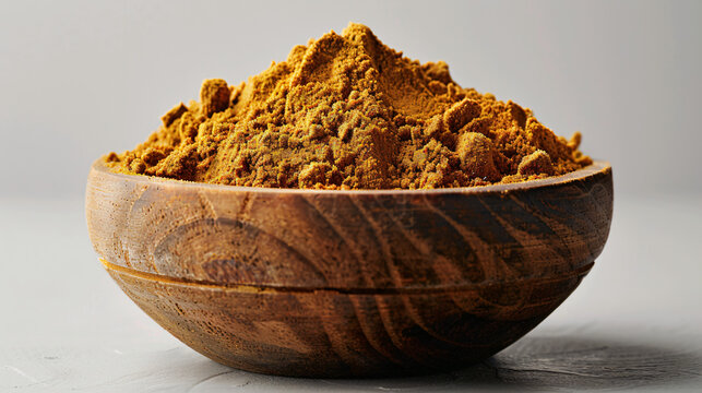 Ground cumin presented in a simple wooden bowl, its earthy brown tones clearly visible on the bright white background.