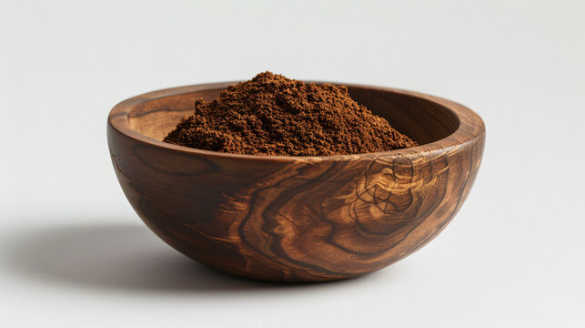 Ground cumin presented in a simple wooden bowl, its earthy brown tones clearly visible on the bright white background.