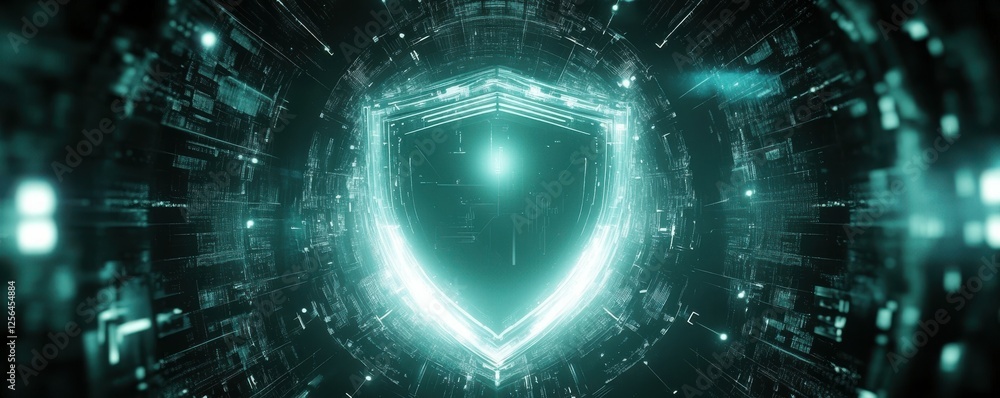 Poster futuristic digital shield protecting data in a cybersecurity matrix