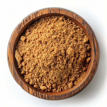 Ground cumin presented in a simple wooden bowl, its earthy brown tones clearly visible on the bright white background.
