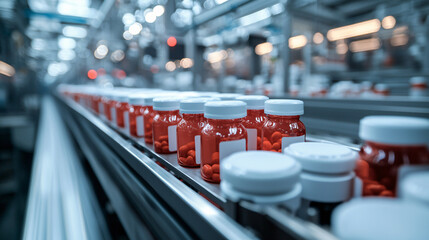 Obraz premium A close-up view of pharmaceutical bottles moving in perfect alignment on a production line, showcasing precision and orderliness in a sterile environment. 