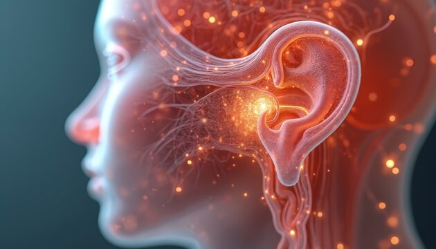 Detailed anatomy of human ear outer, middle, inner structures with auditory system. Highlighted canal, vestibule, frequency pathways, eardrum, balance, labyrinth. Acoustic details worked resonating