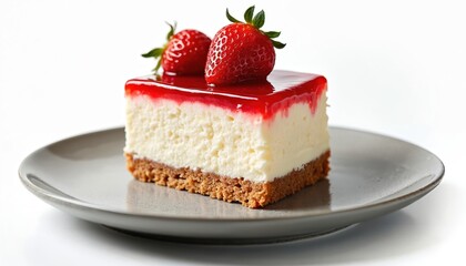 Square slice of classic cheesecake with strawberry topping on plate. Delicious sweet dessert with fruit, creamy cheese. Fresh baked pie for birthday party, cafe menu, restaurant eatery. Tasty snack.