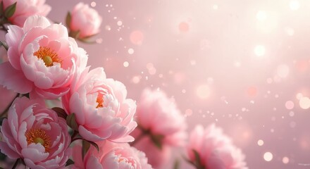 Fototapeta premium Pastel pink peonies background with blurred bokeh lights, white glitter. Romantic wedding card template design with beautiful gentle blooming flowers for love, romance or Valentine day banner.