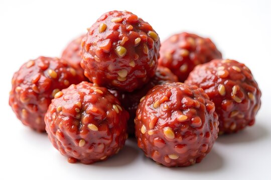 Spicy korean red chili and rice cake balls with seeds on white background,  Kebapche