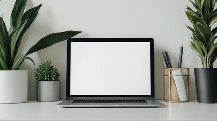 Fototapeta premium Stylish Laptop Mockup on Desk with Green Plants – Modern Home Office Setup