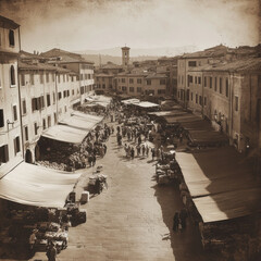 Fototapeta premium A bustling vintage market in a European town square with numerous stalls, captured in sepia tones highlighting a lively atmosphere and historical architecture.