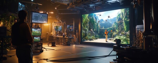 Virtual production studio with forest simulation scene on large screen