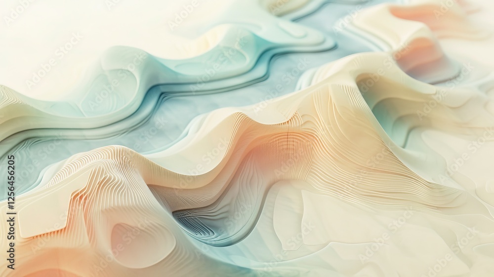 Poster ai-generated abstract representation of wavy topography in pastel gradients, featuring flowing shape