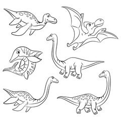 Set of different dinosaur outline doodle silhouettes. Isolated flat vector template for laser cut, coloring drawing books