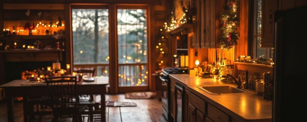 Cozy rustic cabin kitchen with festive lights and wooden interiors during evening