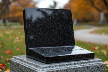 Black laptop is on a stone headstone