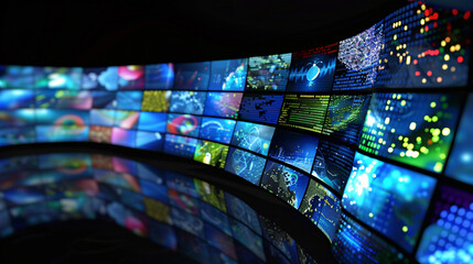 multimedia technology concept of a abstract glowing digital wall of multimedia Displaying screens a Network of of social media concept, on a black background, Multimedia Entertainment concept