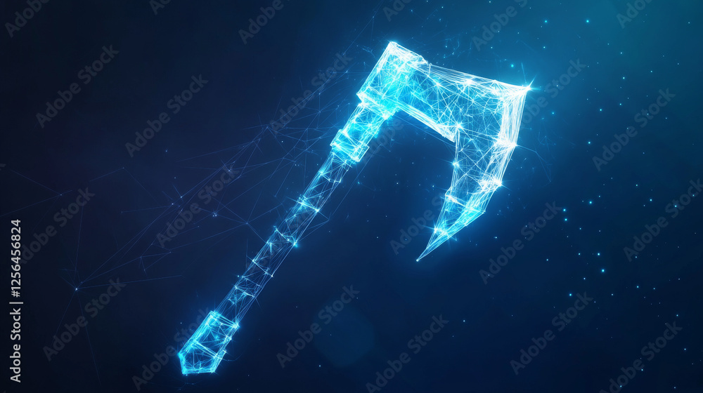 Poster hologram pickaxe. a pickaxe of polygons, triangles of points and lines. pickaxe icon is a low-poly c