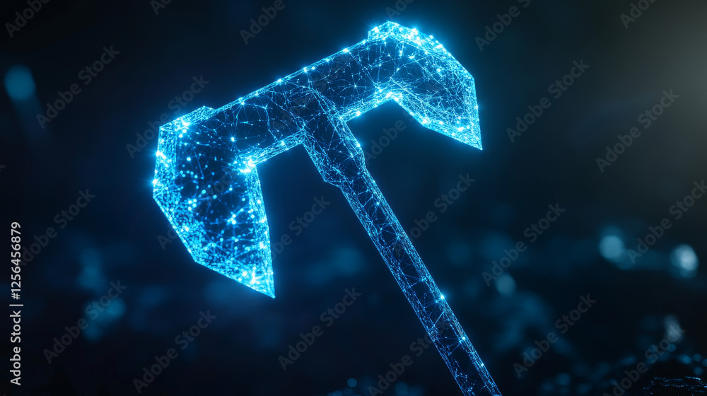 Poster hologram pickaxe. a pickaxe of polygons, triangles of points and lines. pickaxe icon is a low-poly c