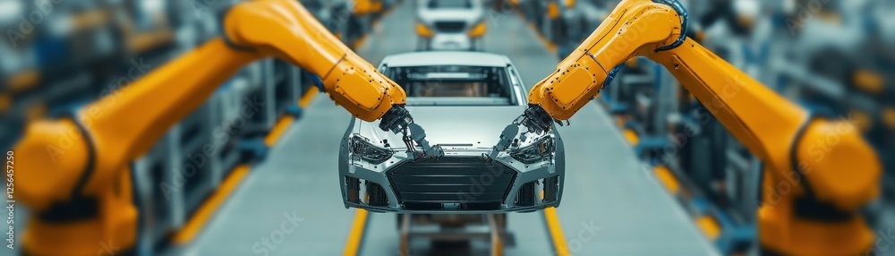 Poster advanced robotic arms assembling a modern car in an automated factory setting, showcasing innovation