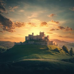 Obraz premium Medieval castle atop a green hill basking in the warm glow of a sunset sky. Generative AI