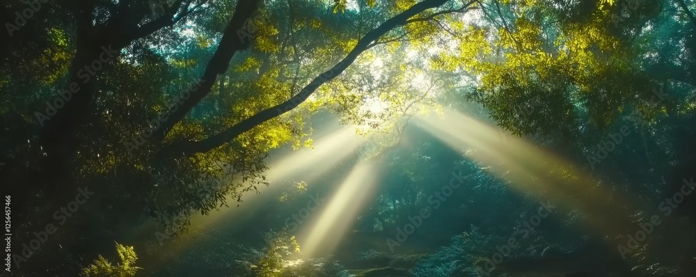 Poster sunlight filtering through lush forest trees at dawn