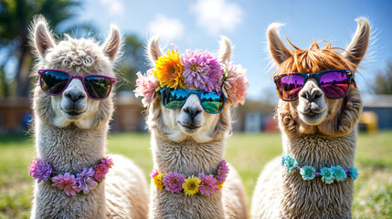 Three stylish llamas wearing flower crowns and sunglasses relax in a sunny grassy field on a bright day