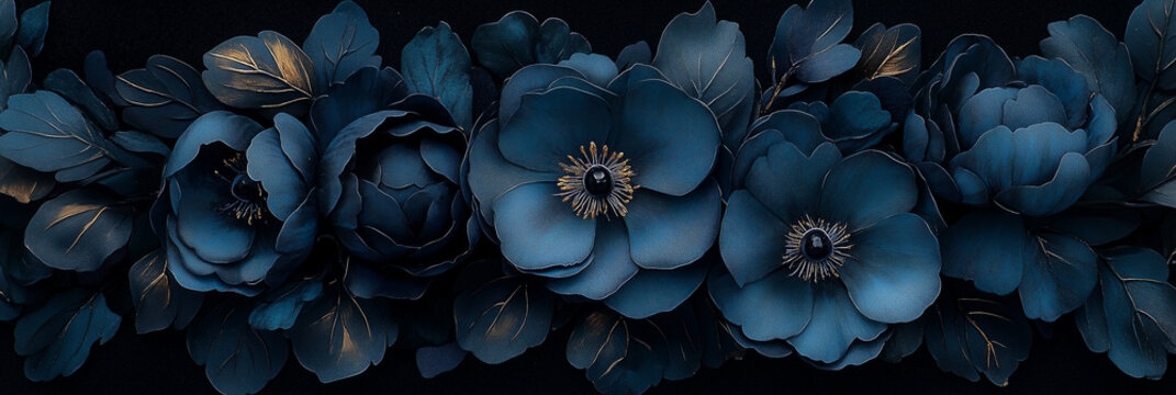 Dark floral wallpaper, blue paper flowers with intricate details, featuring various types of blooms and leaves, set against a black background. Gothic moody flowers composition