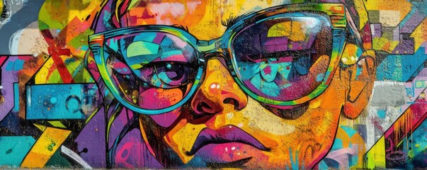 Fototapeta premium Vibrant street art mural of a female portrait with oversized glasses