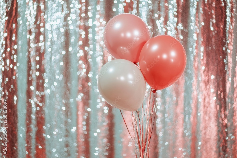 Poster Festive party backdrop with balloons and shimmering tinsel in a minimalist space. Generative AI