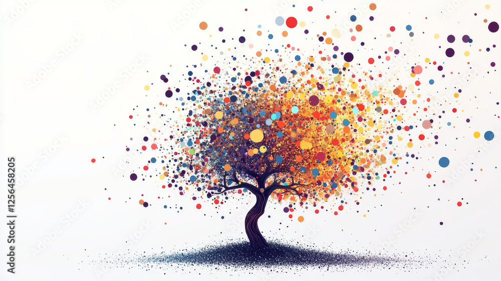 Poster the tree of particles. the tree crumbles into small circles and dots.