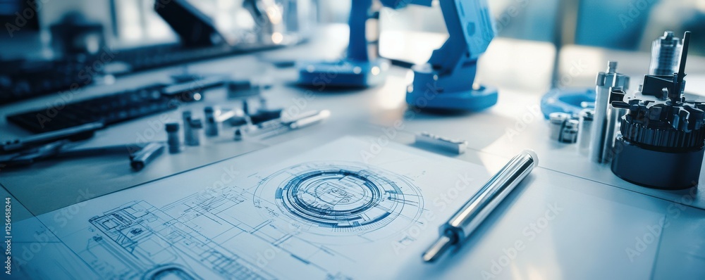 Aufkleber engineering workspace with mechanical blueprints and robotic arm prototypes