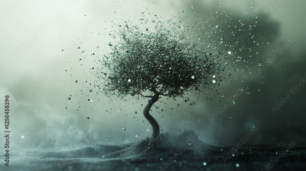 Poster the tree of particles. the tree crumbles into small circles and dots.