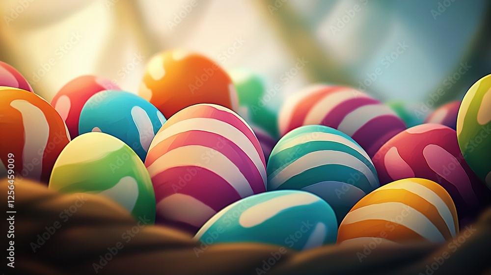 Poster close-up of multicolored eggs in a basket with sunlight filtering through tree foliage in the backgr