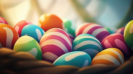 Naklejka premium Close-up of multicolored eggs in a basket with sunlight filtering through tree foliage in the background