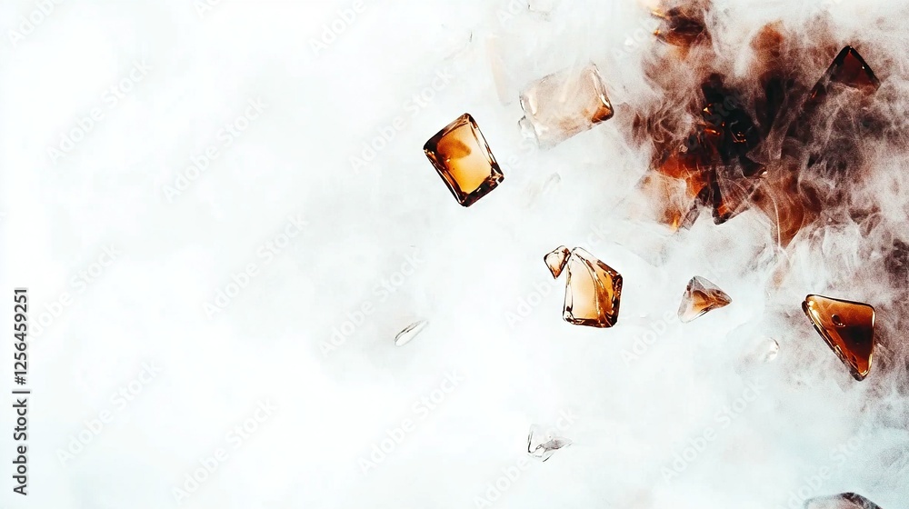 Poster a cluster of frozen blocks arranged on a table near a heap of grayish-brown and white fumes
