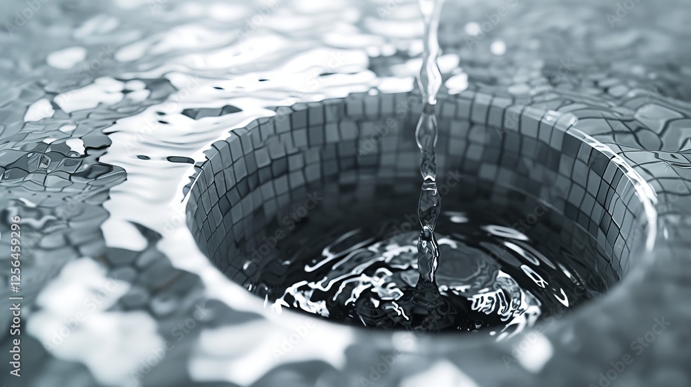 Poster a high-resolution 3d illustration of water streaming into a basin with geometric tile textures, emph