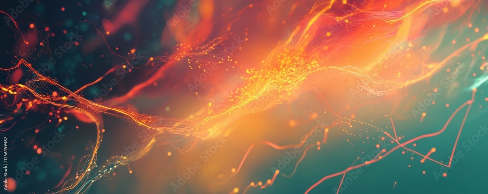 Poster vibrant abstract digital art with dynamic light trails and particles