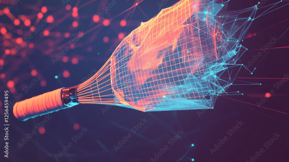 Poster hologram of badminton. racket and shuttlecock made of polygons, triangles of points and lines. badmi