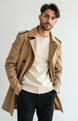 Fototapeta premium Handsome man poses in beige autumn coat, white sweater, black pants. Modern fashion style. Attractive brunette model with beard on white background. European photogenic person with trendy haircut