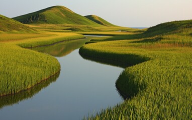 Serene River Landscape: A Meandering Waterway Through Verdant Meadows