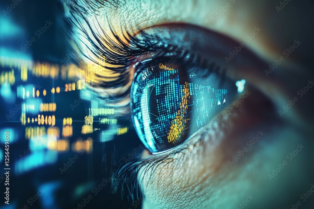 Poster close up of a person's eye with a computer screen behind it