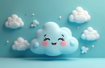 Cute 3D illustration of smiling blue cloud with rosy cheeks, closed eyes. Cartoon cloud character on blue background surrounded by fluffy white clouds. Childlike style, sweet cheerful joyful positive