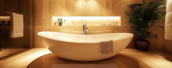 Elegant modern bathroom with freestanding oval bathtub in a luxurious setting
