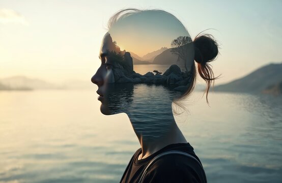 Double exposure portrait of young woman in profile with natural scenery inside her silhouette. Calm lake, mountains, rocks. Person is thinking, feeling, dreaming about beauty of nature. - Powered by Adobe