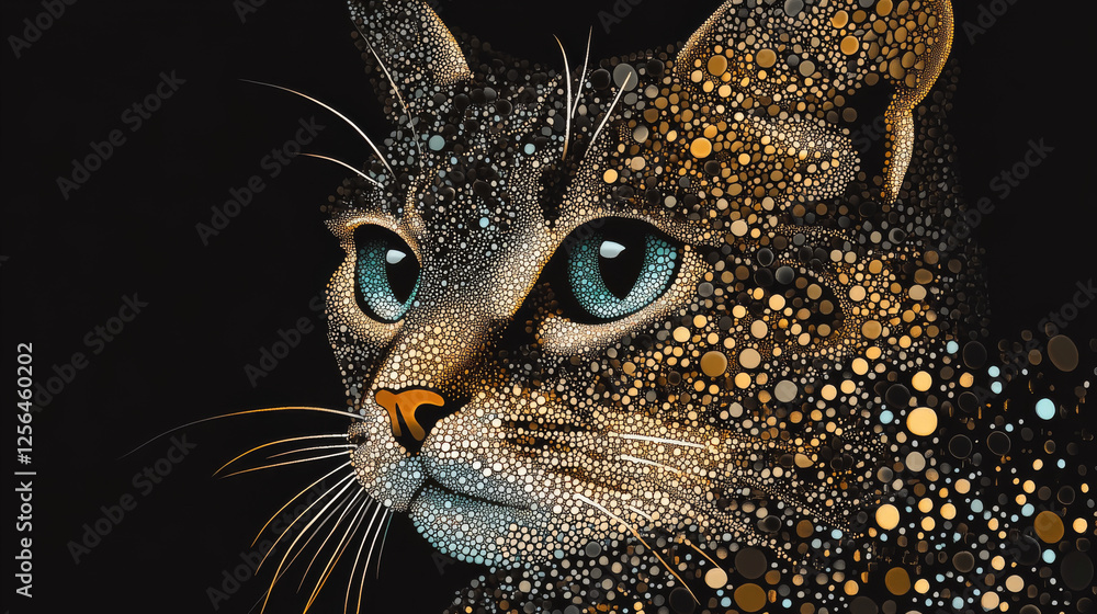 Poster cat of the particles. the cat consists of small circles and dots. vector illustration.